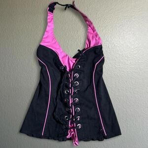 Black and Pink Grunge Bikers Halter Y2K Corset Tank Top